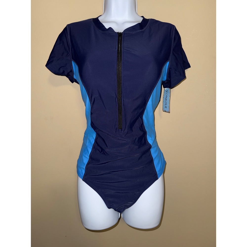 New Yonique Womens Rash Guard One Piece Swimsuit Navy Blue Zip Short Sleeve Surf